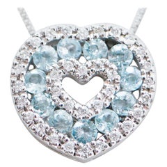 Aquamarine, Diamonds, 18 Karat White Gold Heart Shape Pendant Necklace.