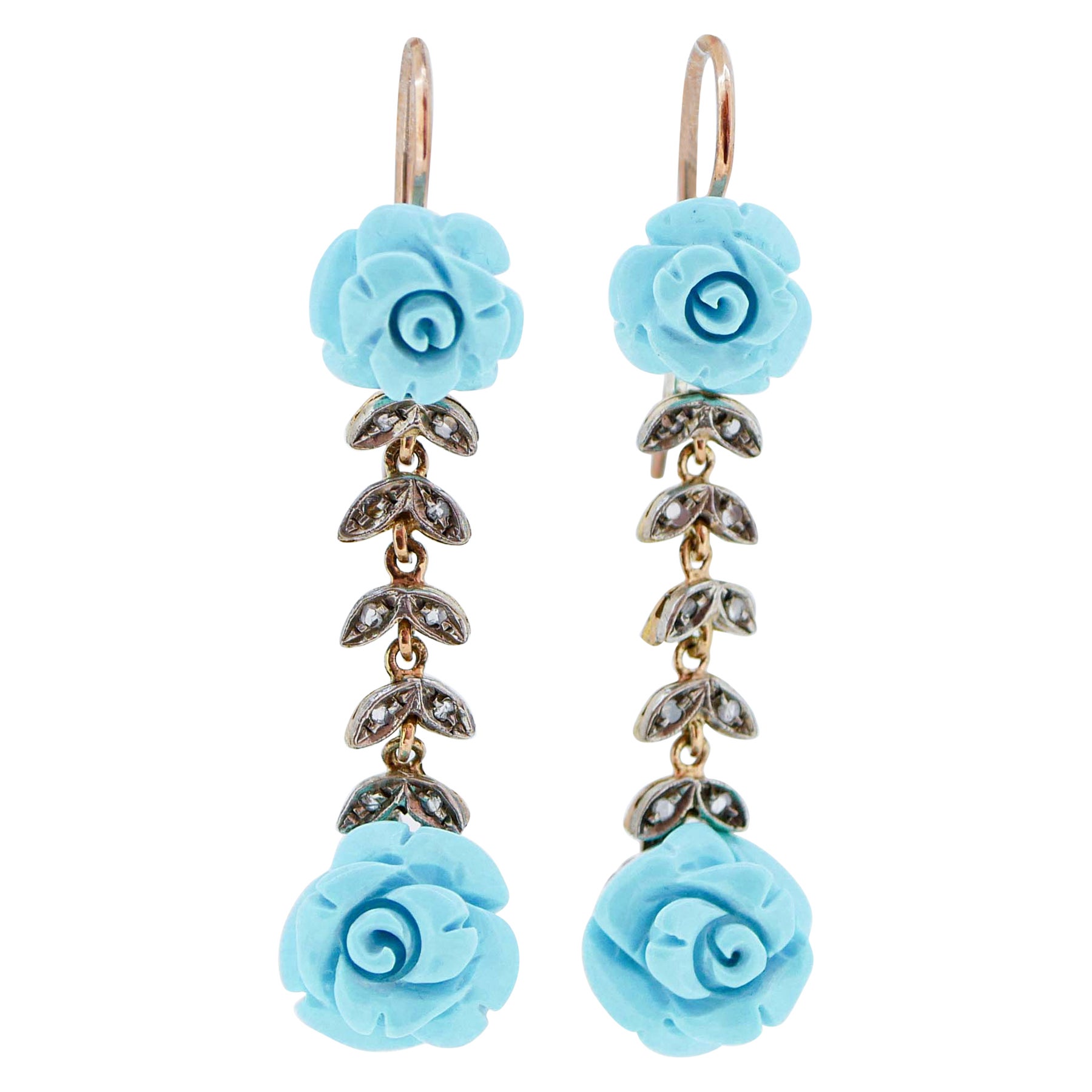 Turquoise, Diamonds, Rose Gold and Silver Retrò Earrings. For Sale
