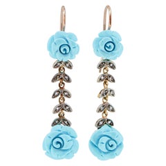 Vintage Turquoise, Diamonds, Rose Gold and Silver Retrò Earrings.