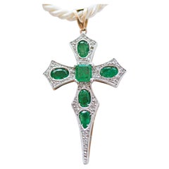 Emeralds, Diamonds, Rose Gold and Silver Cross Pendant.