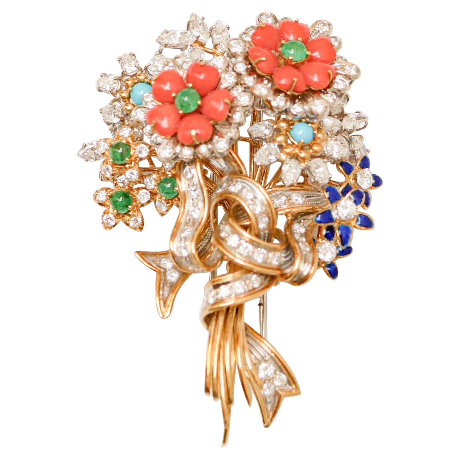 Coral, Emeralds, Diamonds, Turquoise, Enamel, 18Kt  Gold and Platinum Brooch. For Sale