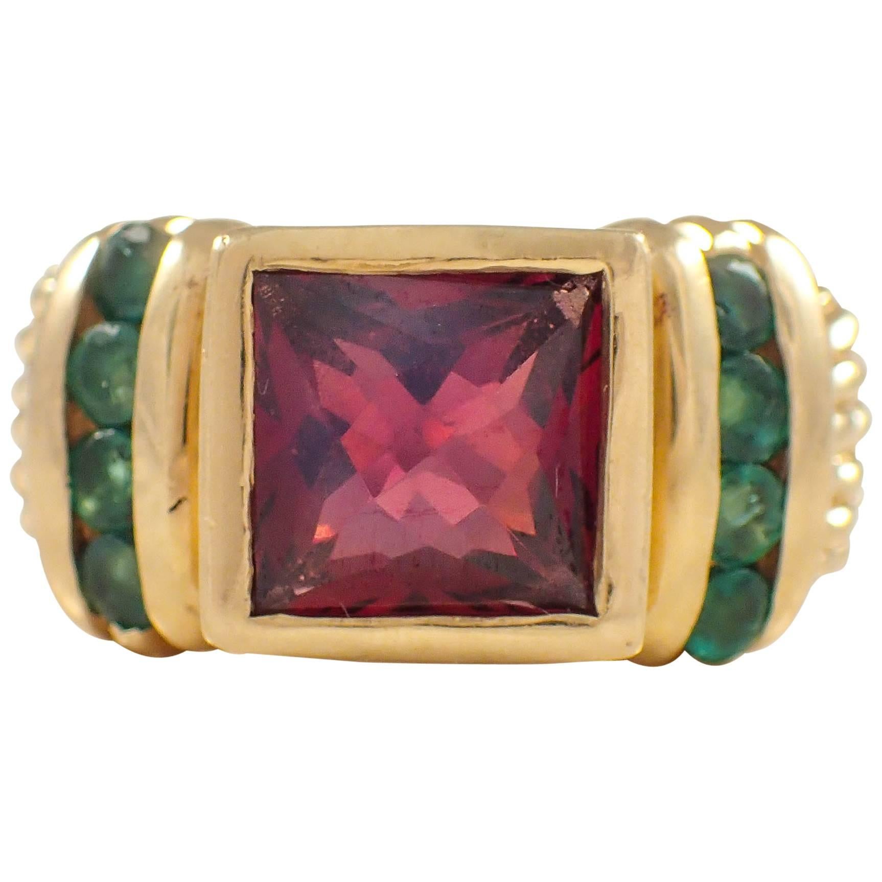 David Yurman Garnet Emerald Gold Ring  For Sale