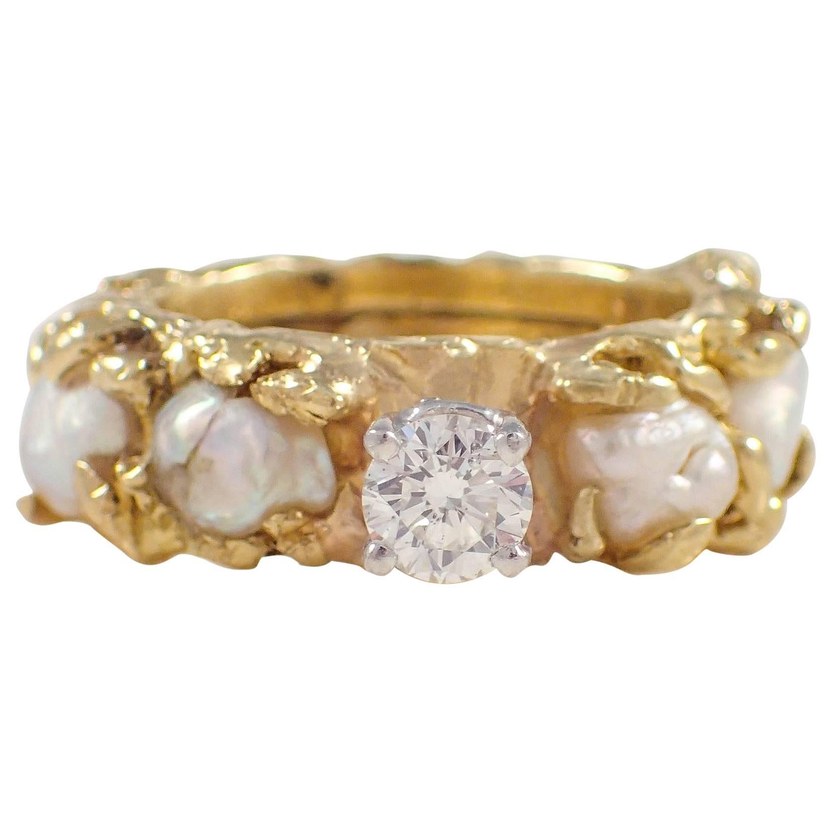 Barbara Anton Pearl Diamond Gold Engagement Ring