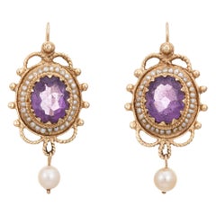 Retro Amethyst Earrings Seed Pearls 14k Yellow Gold Drops Estate Jewelry