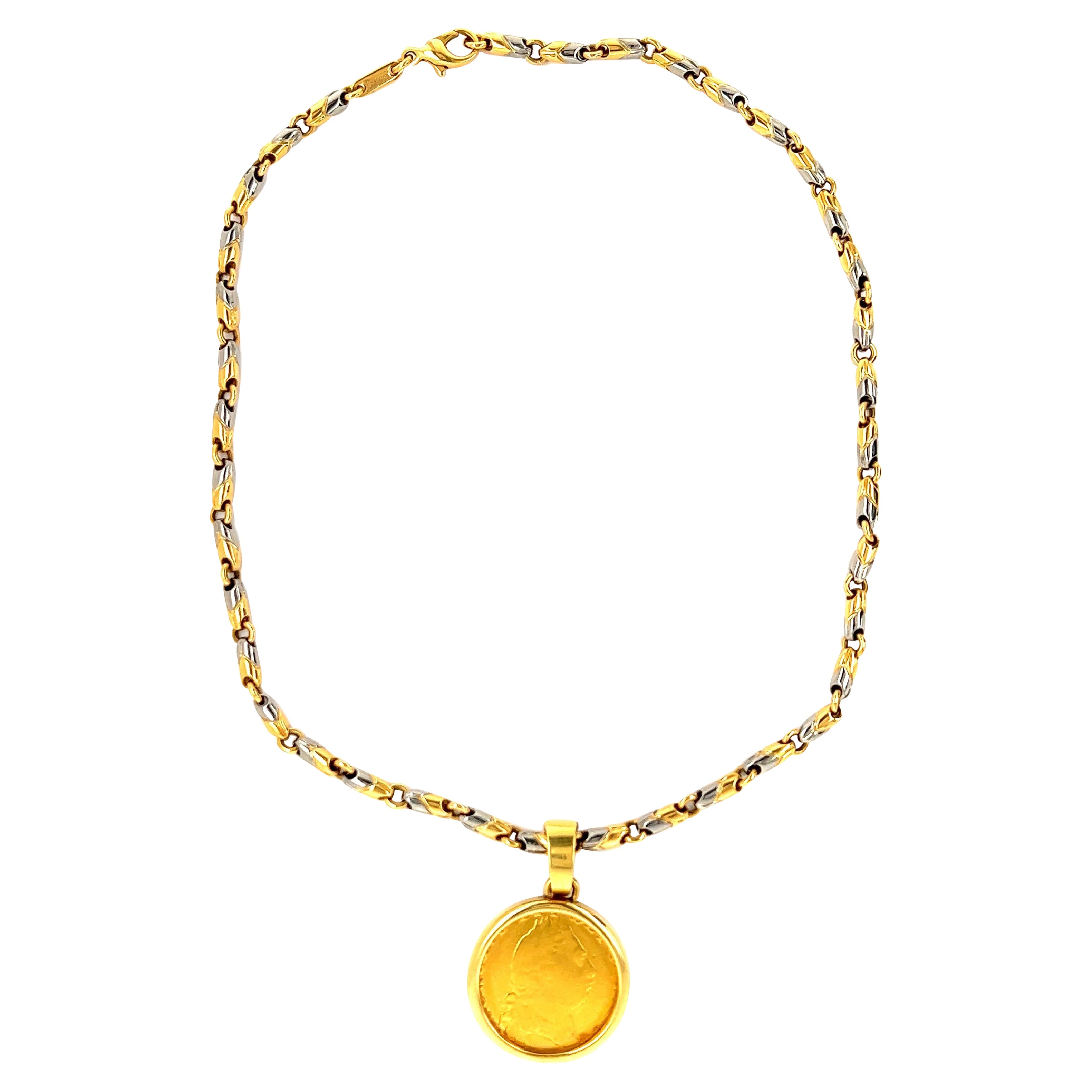 Bvlgari Monete Gold Coin Pendant with Gold & Steel Necklace For Sale