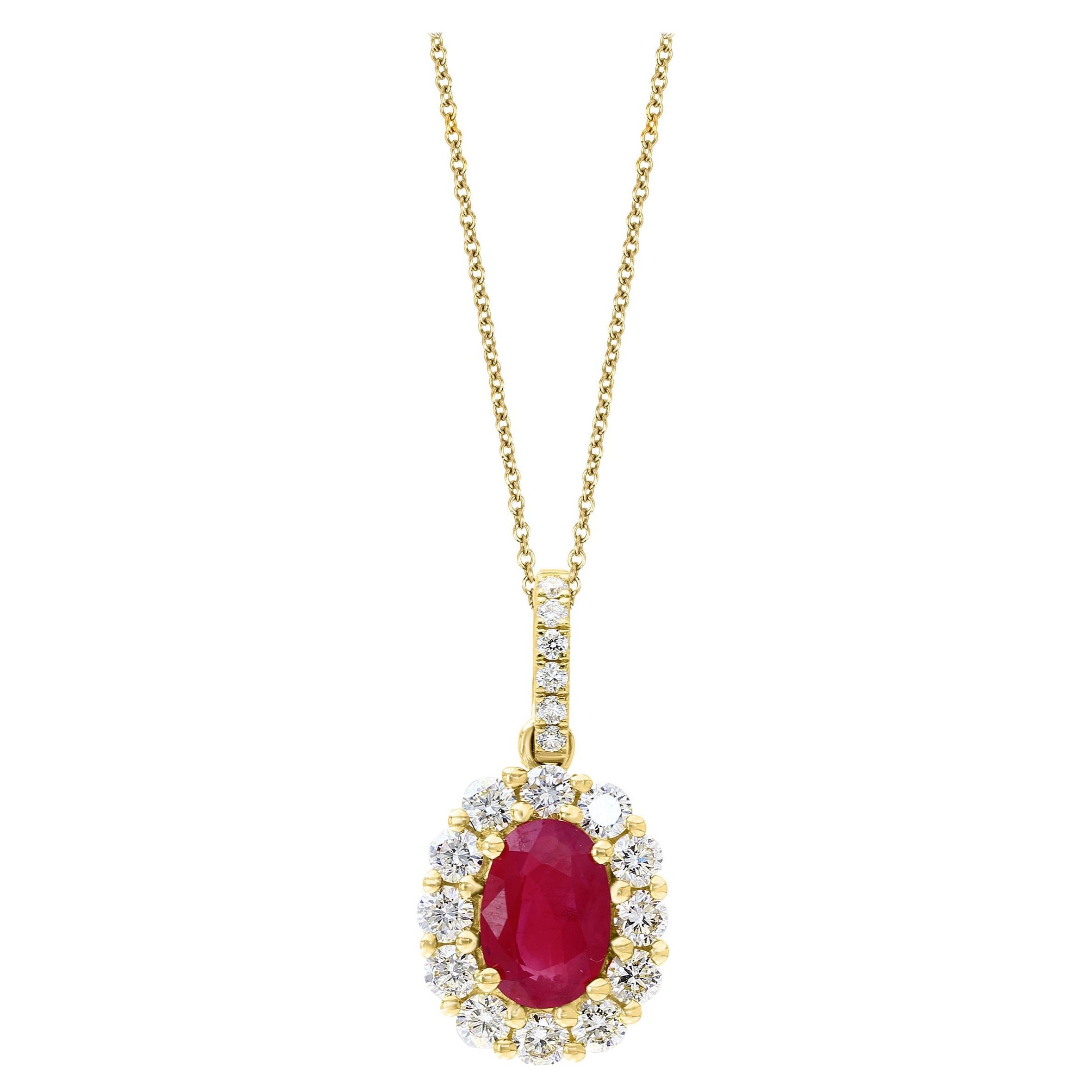 1.00 Carat Oval Cut Ruby and Diamond Halo Pendant Necklace in 18K Yellow Gold For Sale
