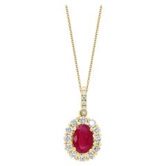 1.00 Carat Oval Cut Ruby and Diamond Halo Pendant Necklace in 18K Yellow Gold