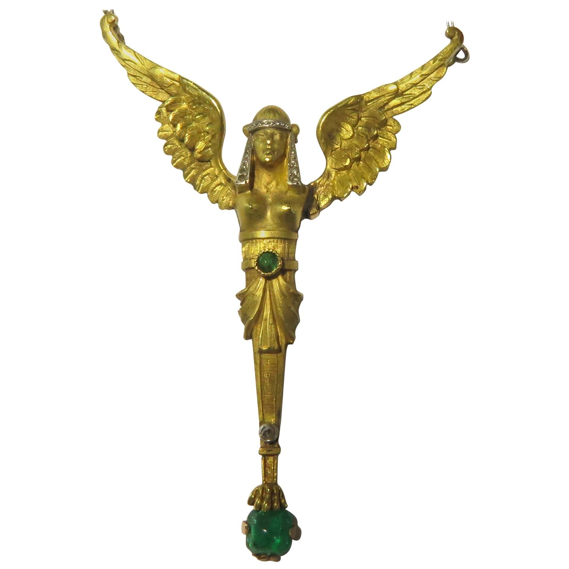 Egyptian Revival Emerald Diamond Gold Platinum Winged Woman Necklace For Sale