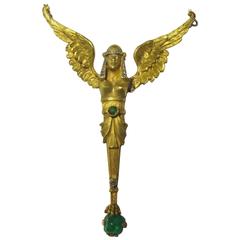 Egyptian Revival Emerald Diamond Gold Platinum Winged Woman Necklace