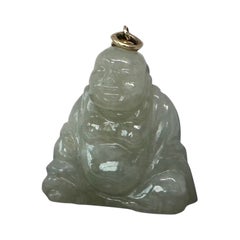 Vintage Art Deco Jade Fat Smiling Buddha Belly Pendant 14 Karat Gold Necklace