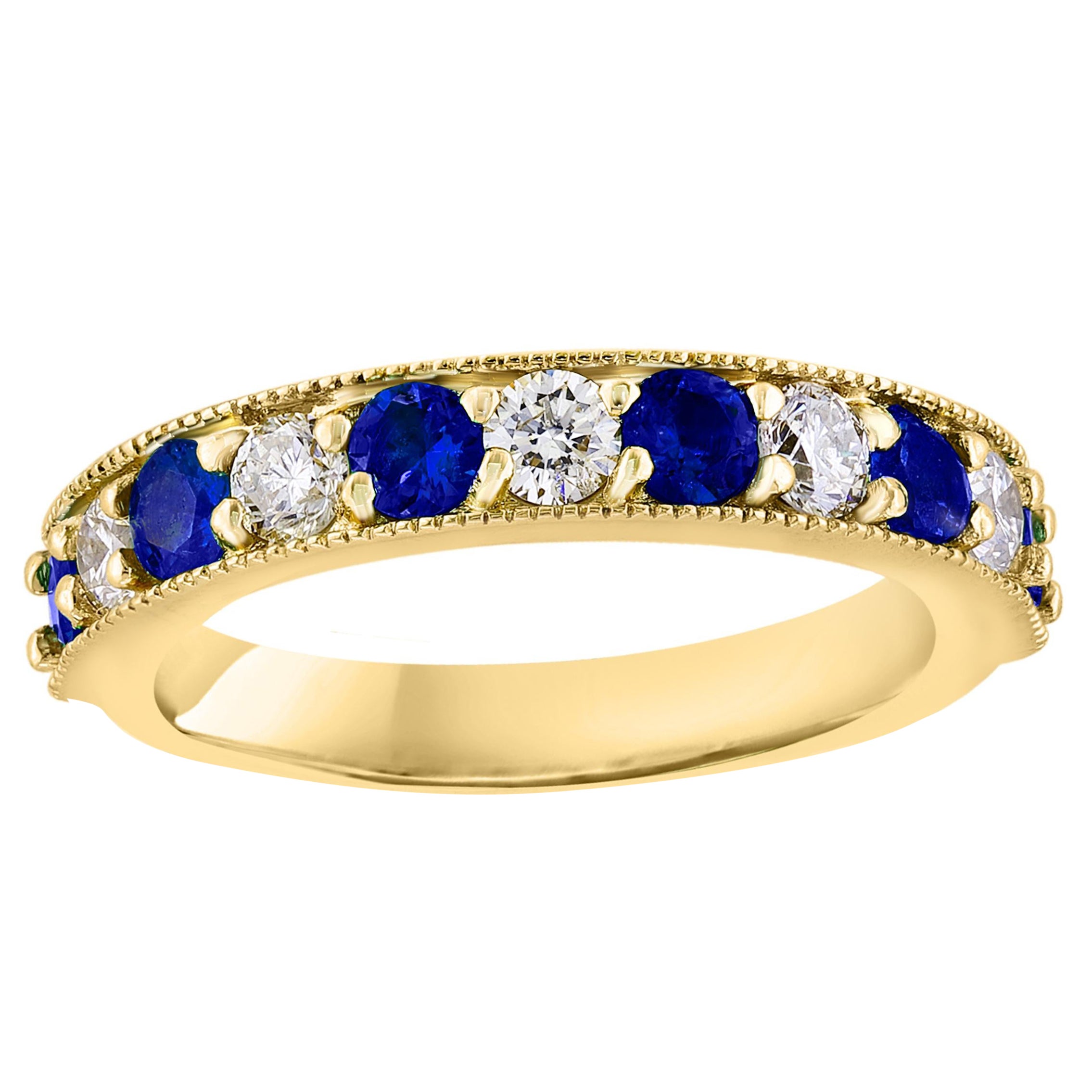 0.80 Carat Brilliant Cut Blue Sapphire and Diamond Band in 14K Yellow Gold For Sale