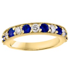 0.80 Carat Brilliant Cut Blue Sapphire and Diamond Band in 14K Yellow Gold
