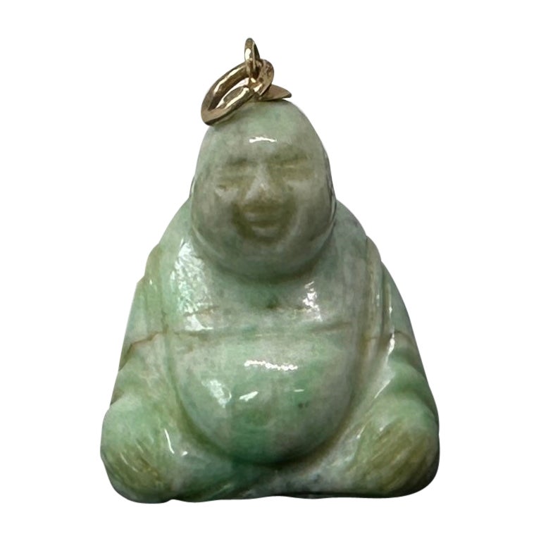 Art Deco Jade Fat Smiling Buddha Belly Pendant 14 Karat Gold Necklace