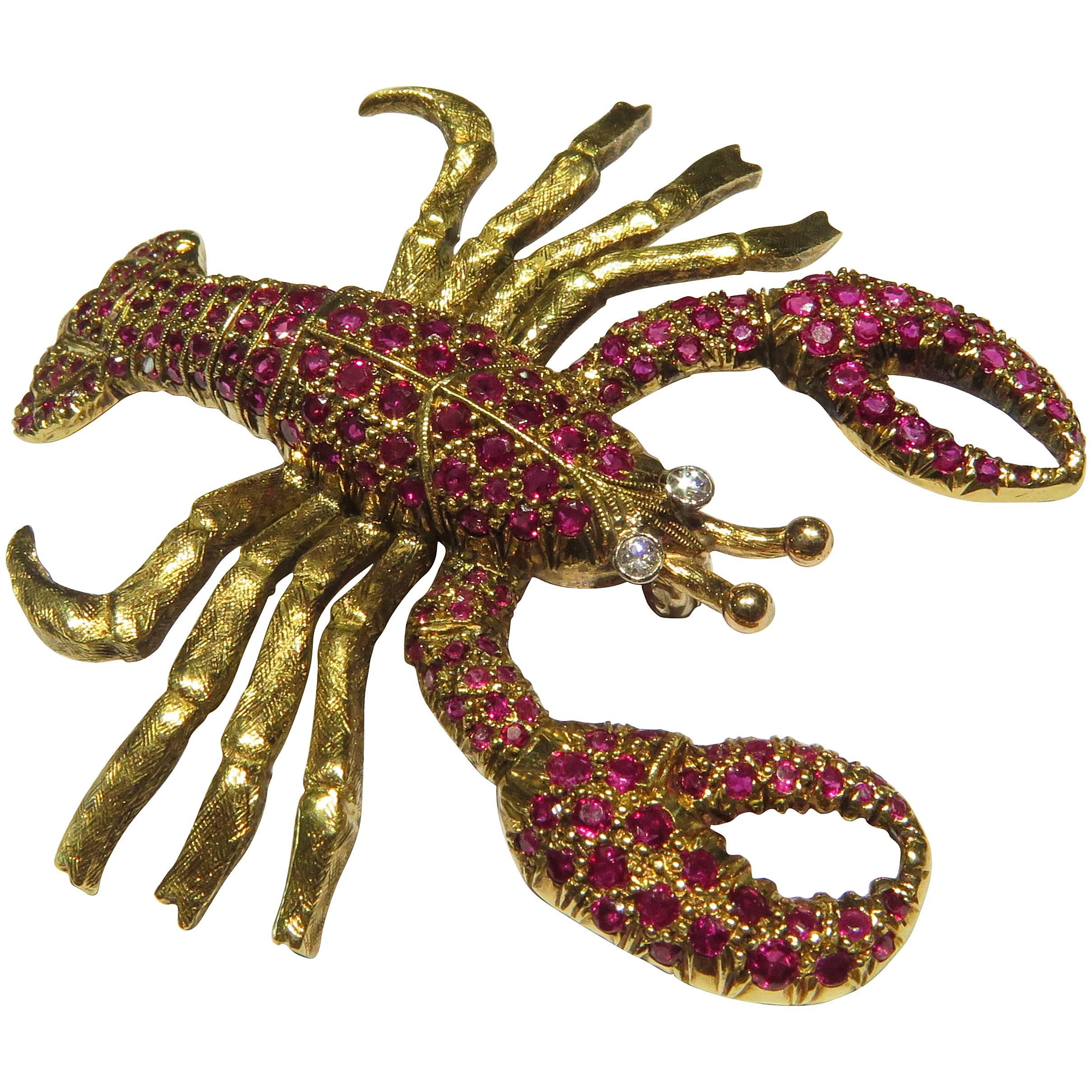 Deliciously Wearable Ruby Diamond Gold Lobster Pin 