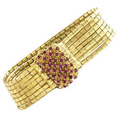 Mid-Century Seven Strand Gold Link Bracelet with Ruby and Gold Clasp 7