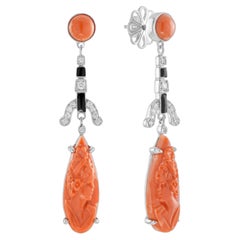 Carved Coral and Diamond with Black Enamel Dangle Earrings in 14K White Gold