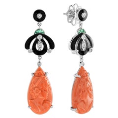 Carved Coral Diamond Emerald with Black Enamel Dangle Earrings in 14K White Gold