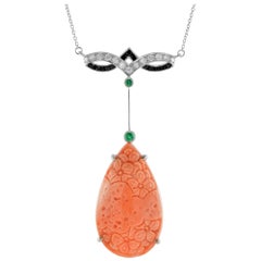 Carved Coral Diamond and Emerald Art Deco Style Necklace in 14K White Gold