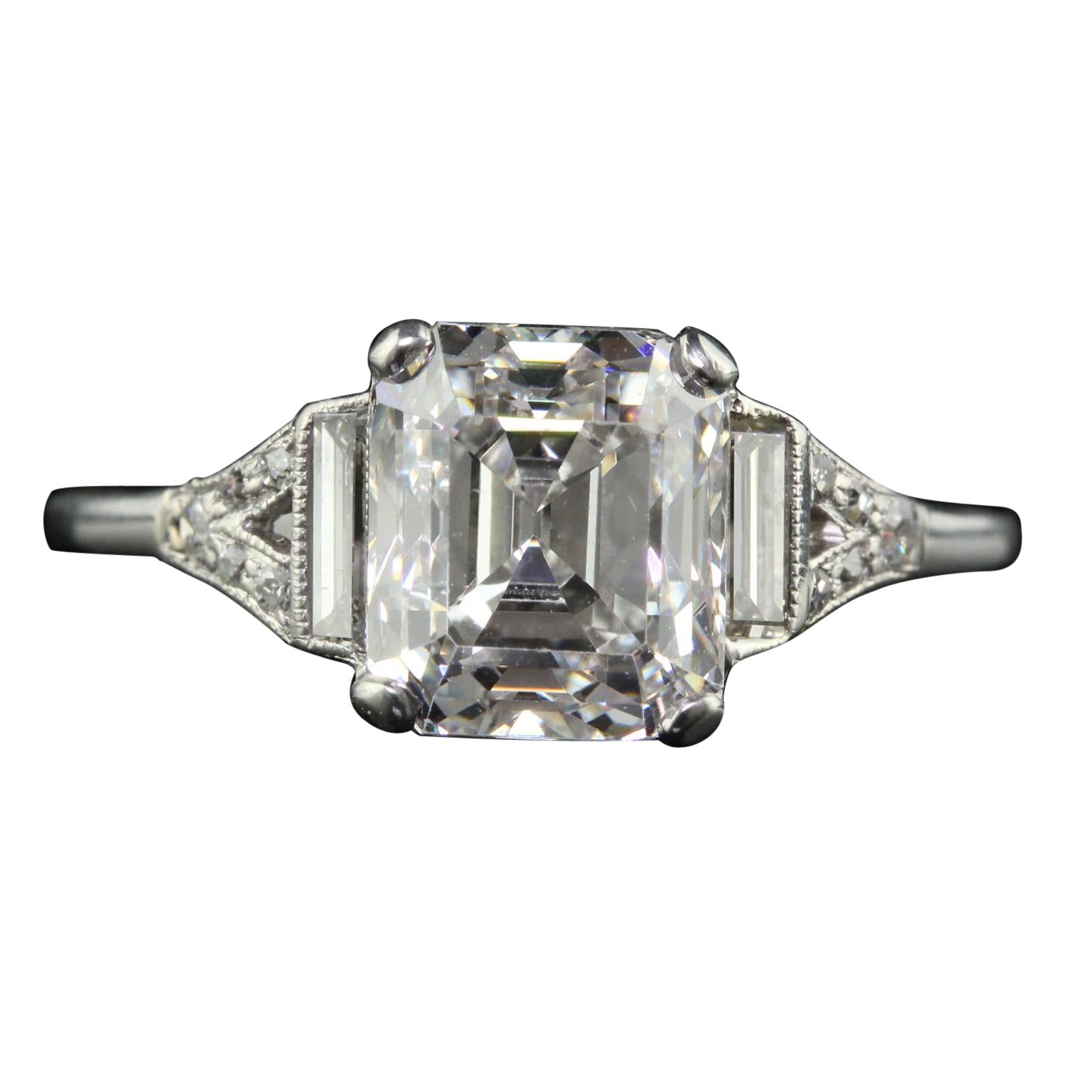 Antique Art Deco Platinum Old Emerald Cut Diamond Baguette Engagement Ring - GIA For Sale