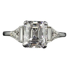 Vintage Art Deco Platinum Old Emerald Cut Diamond Baguette Engagement Ring - GIA