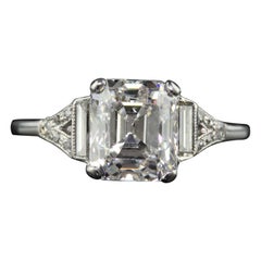 Antique Art Deco Platinum Old Emerald Cut Diamond Baguette Engagement Ring - GIA