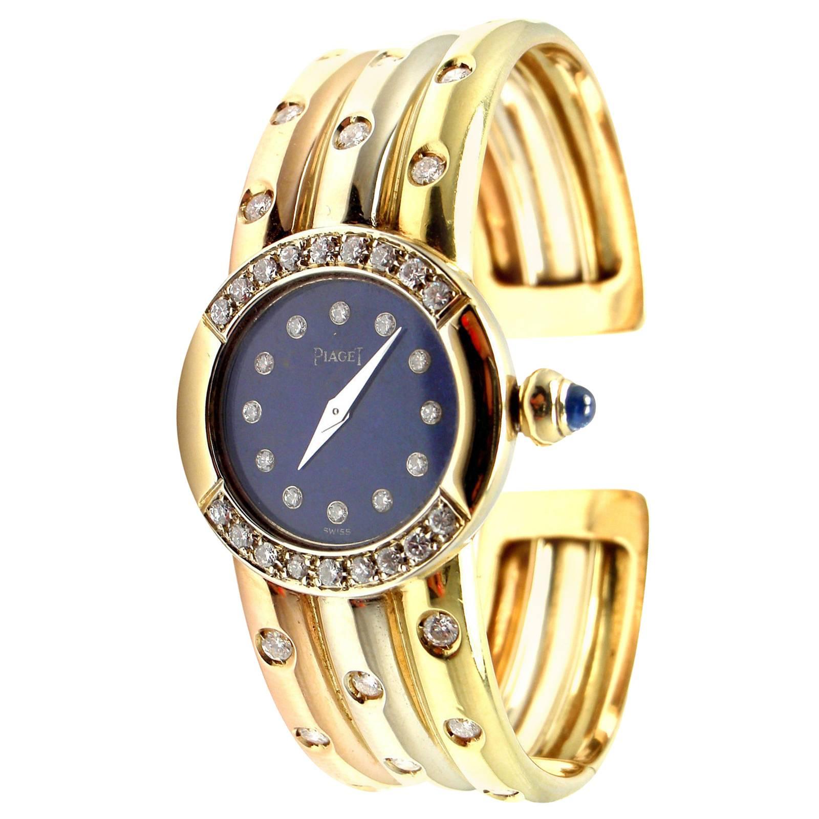 Piaget Tricolor Gold Diamond Lapis Dial Bracelet Wristwatch