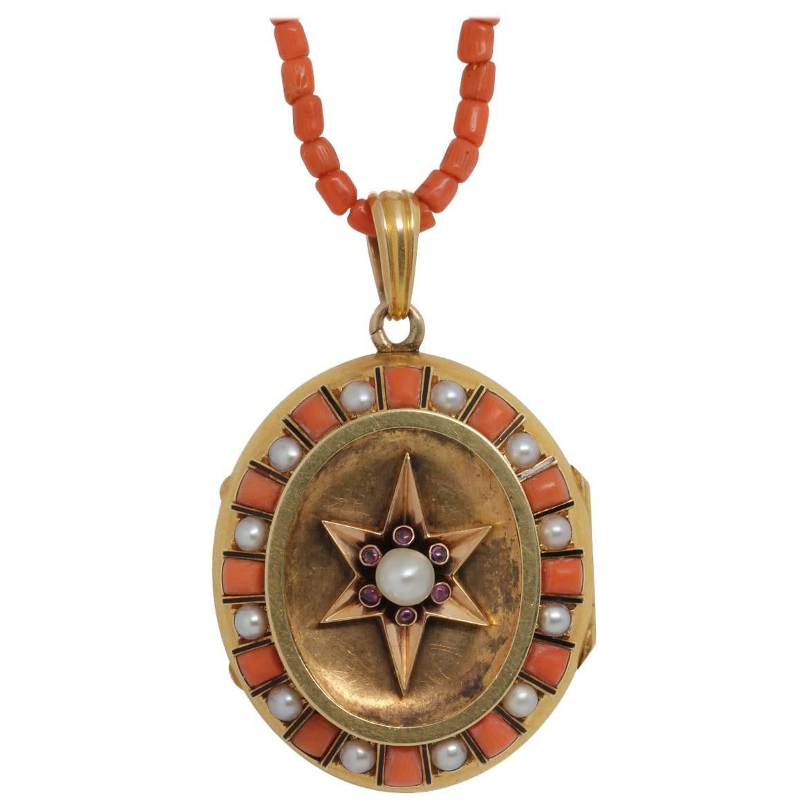 Unique Victorian Coral Pearl Gold Locket with Star Design For Sale