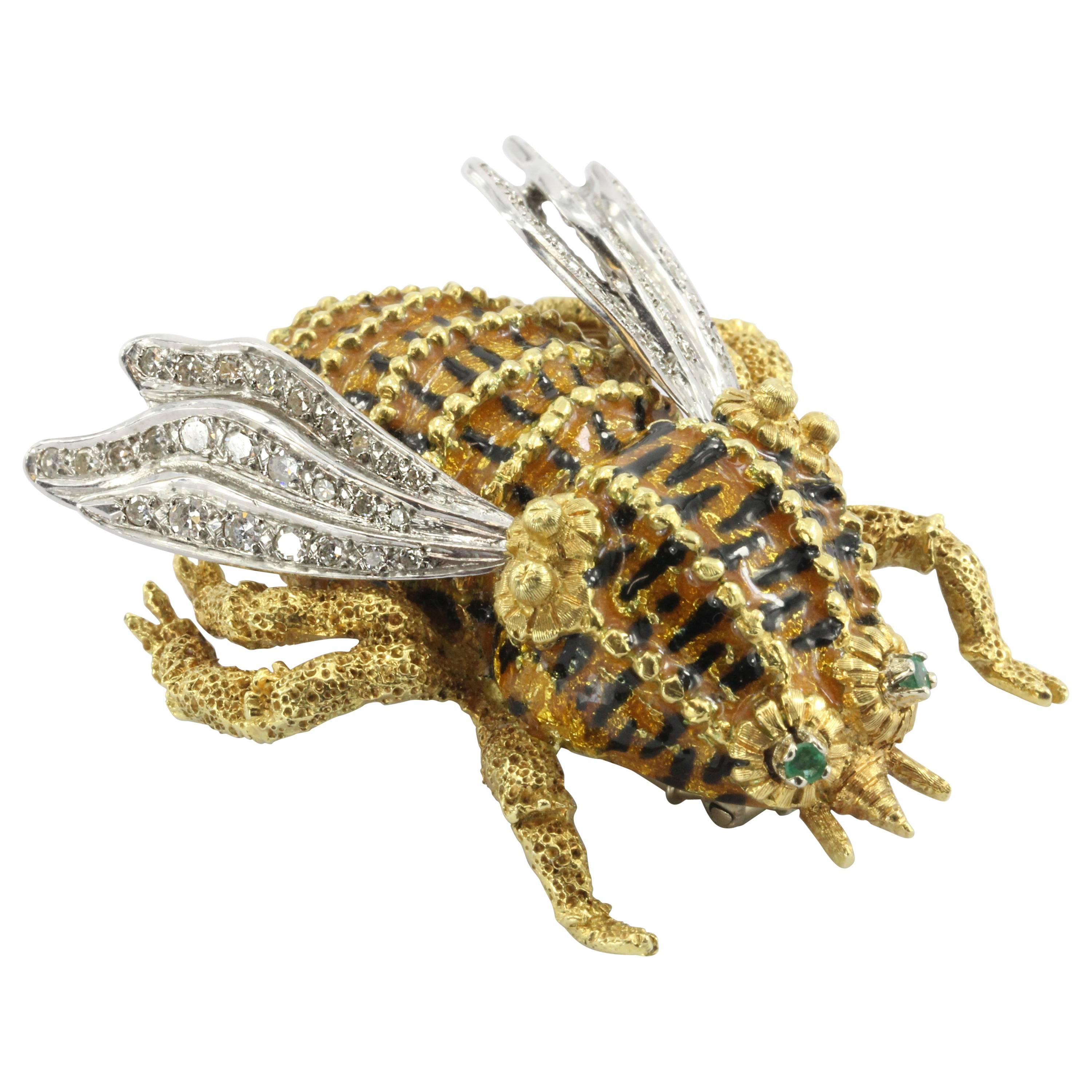 Impressive Handmade Enamel Emerald Diamond Gold Bee Pin