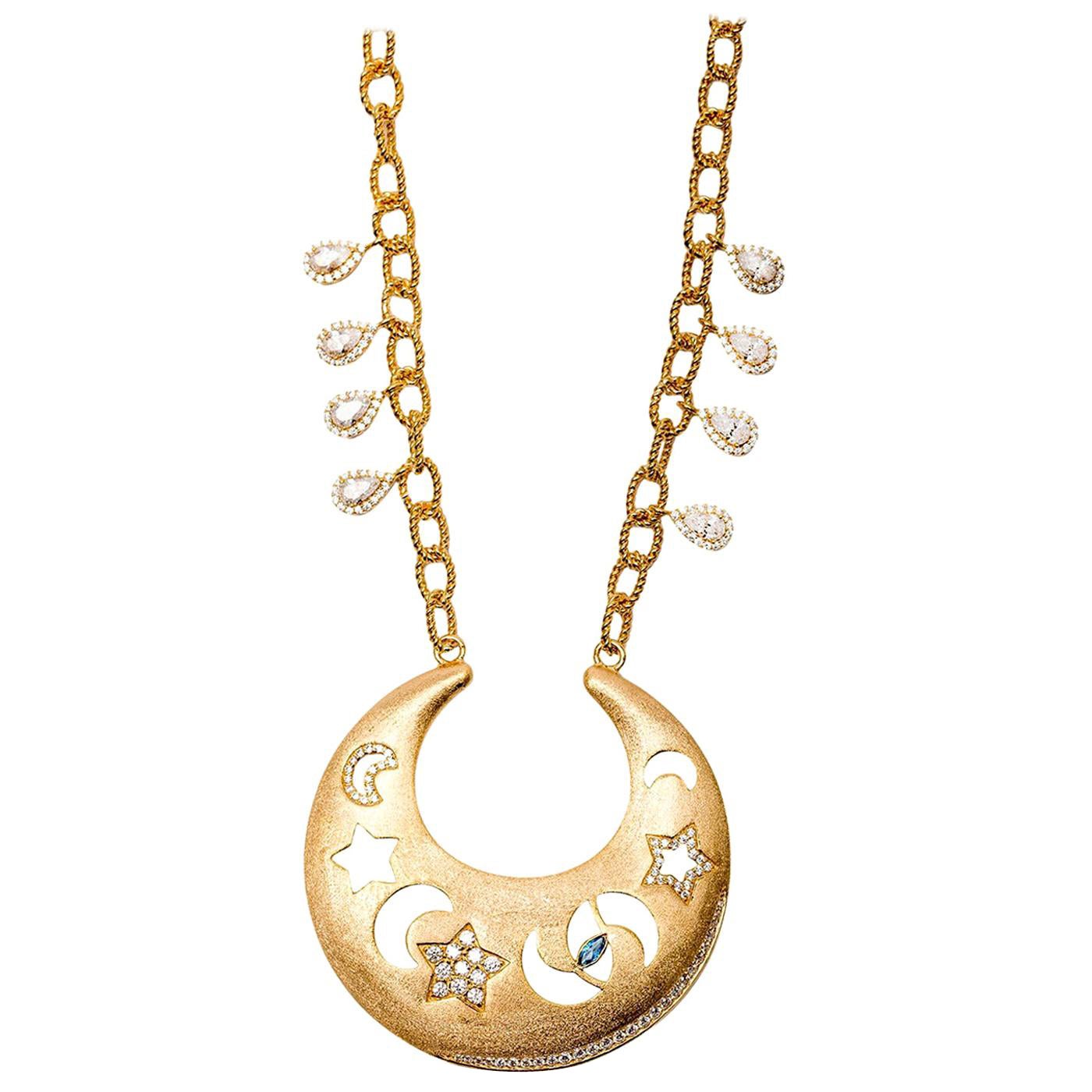 Collier céleste avec lune, étoiles et mauvais oeil en or Vermeil