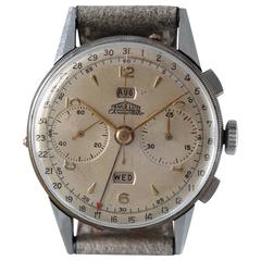 Retro Angelus Stainless Steel Chronodato Triple Date Chronograph Wristwatch 