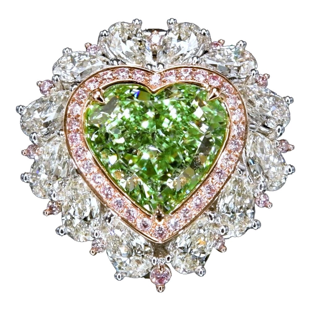 Emilio Jewelry Gia Certified 9.45 Carat Fancy Green Diamond Heart Ring  For Sale