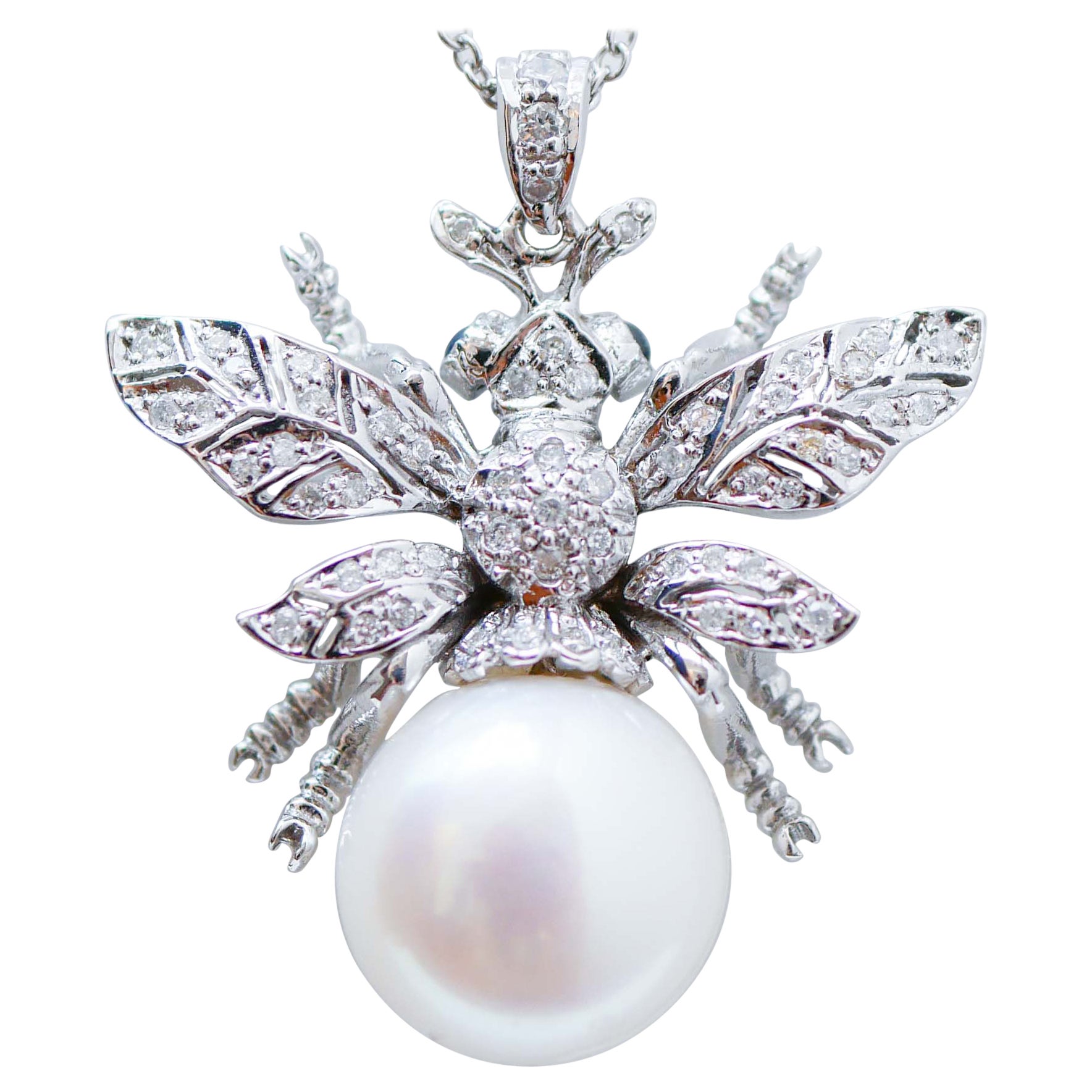 Pearl, Sapphires, Diamonds, 14 Kt White Gold Fly Pendant. For Sale