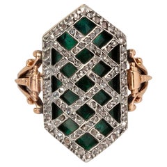 Antique An 18 Carat Gold and Silver Ring with Green Glass and Diamonds