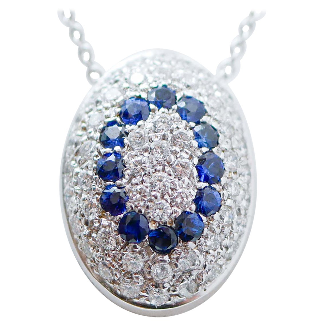 Sapphires, Diamonds, 18 Karat White Gold Pendant Necklace. For Sale