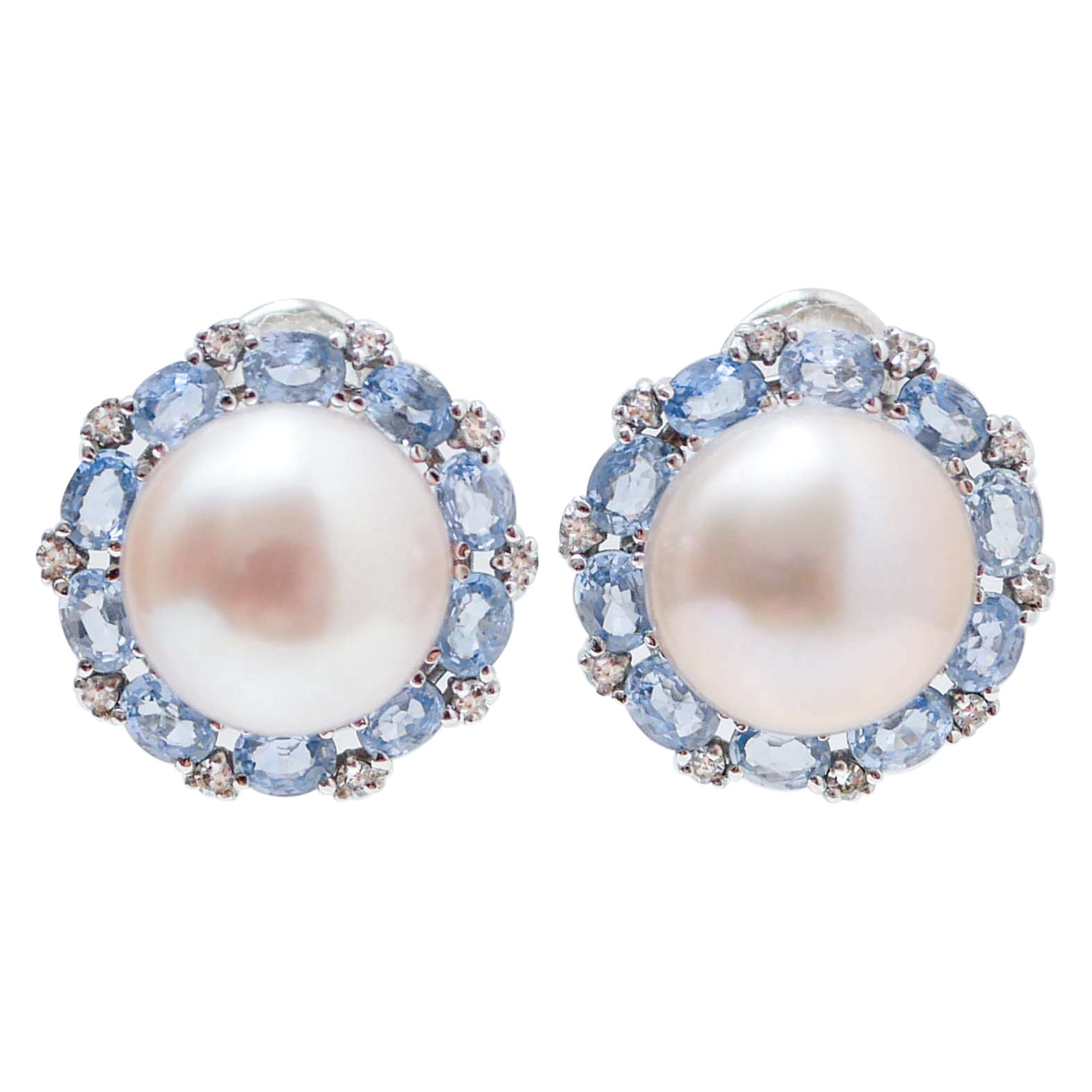 Sapphires, Diamonds, Pealrs, 14 Karat White Gold Earrings.