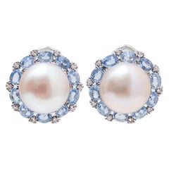 Vintage Sapphires, Diamonds, Pealrs, 14 Karat White Gold Earrings.