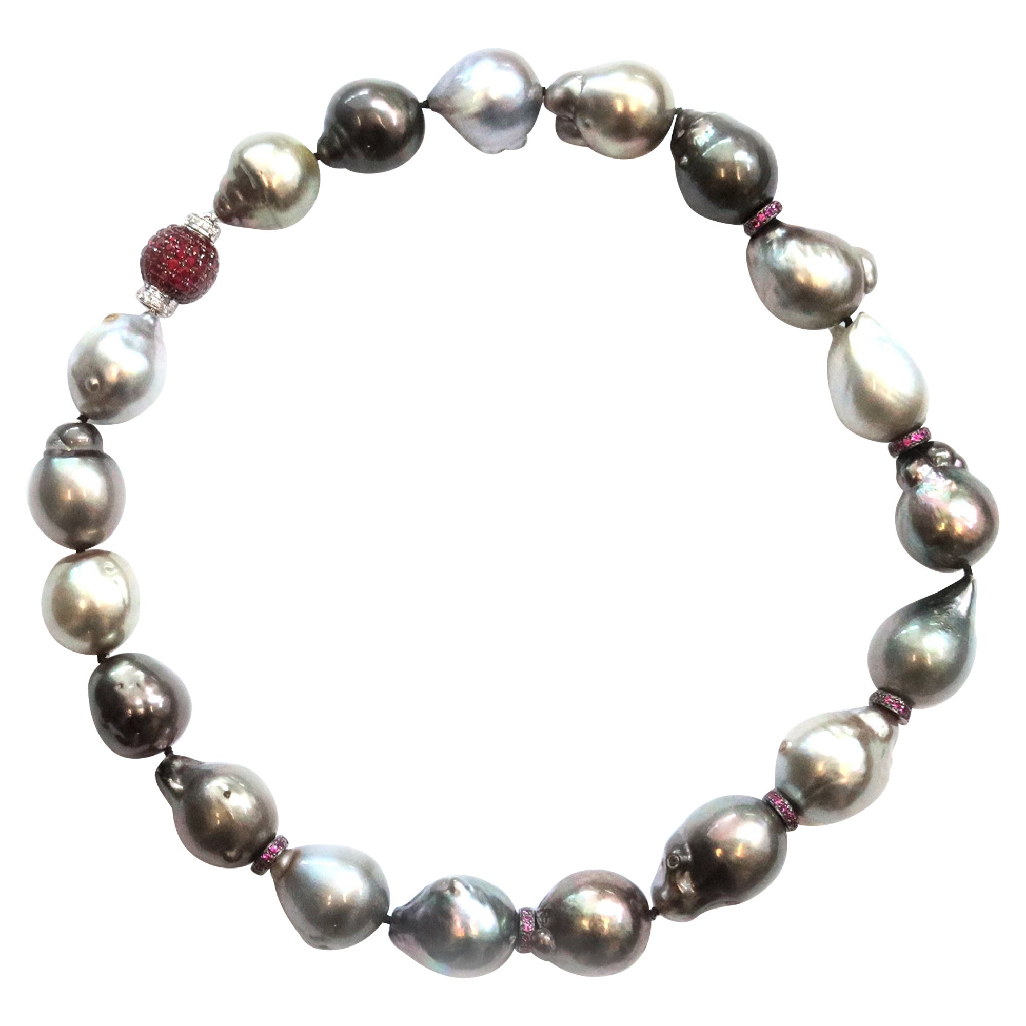 Tahitian Baroque Pearl, Ruby and Diamond Necklace For Sale