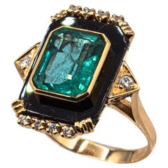 Art Deco-Cocktailring, weißer Diamant im Achteckschliff, Smaragd, Onyx, Gelbgold