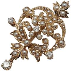Victorian 0.40 Carats Diamonds Pearl Gold Pendant 