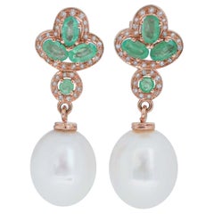 Pealrs, Emeralds, Diamonds, 14 Karat Rose Gold Dangle Earrings.
