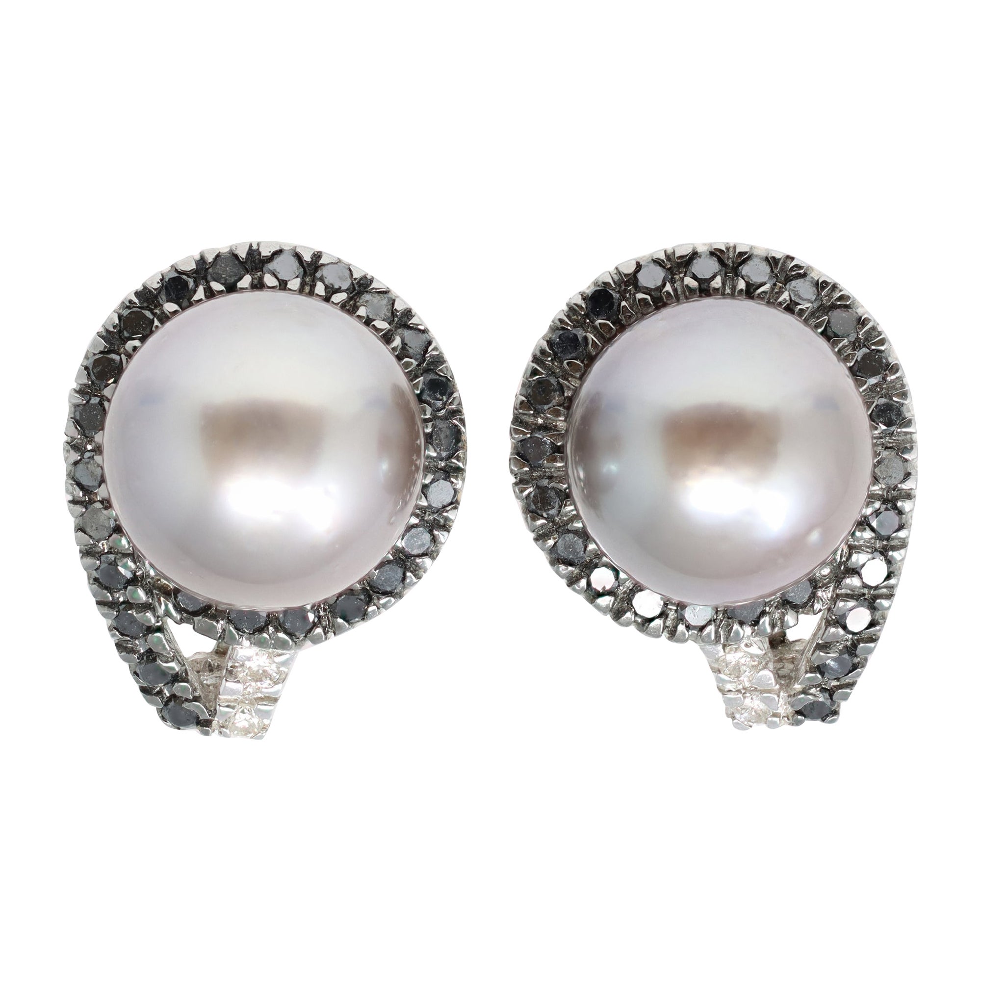 Boucles d'oreilles à clip en perles de Tahiti, diamants noirs et blancs