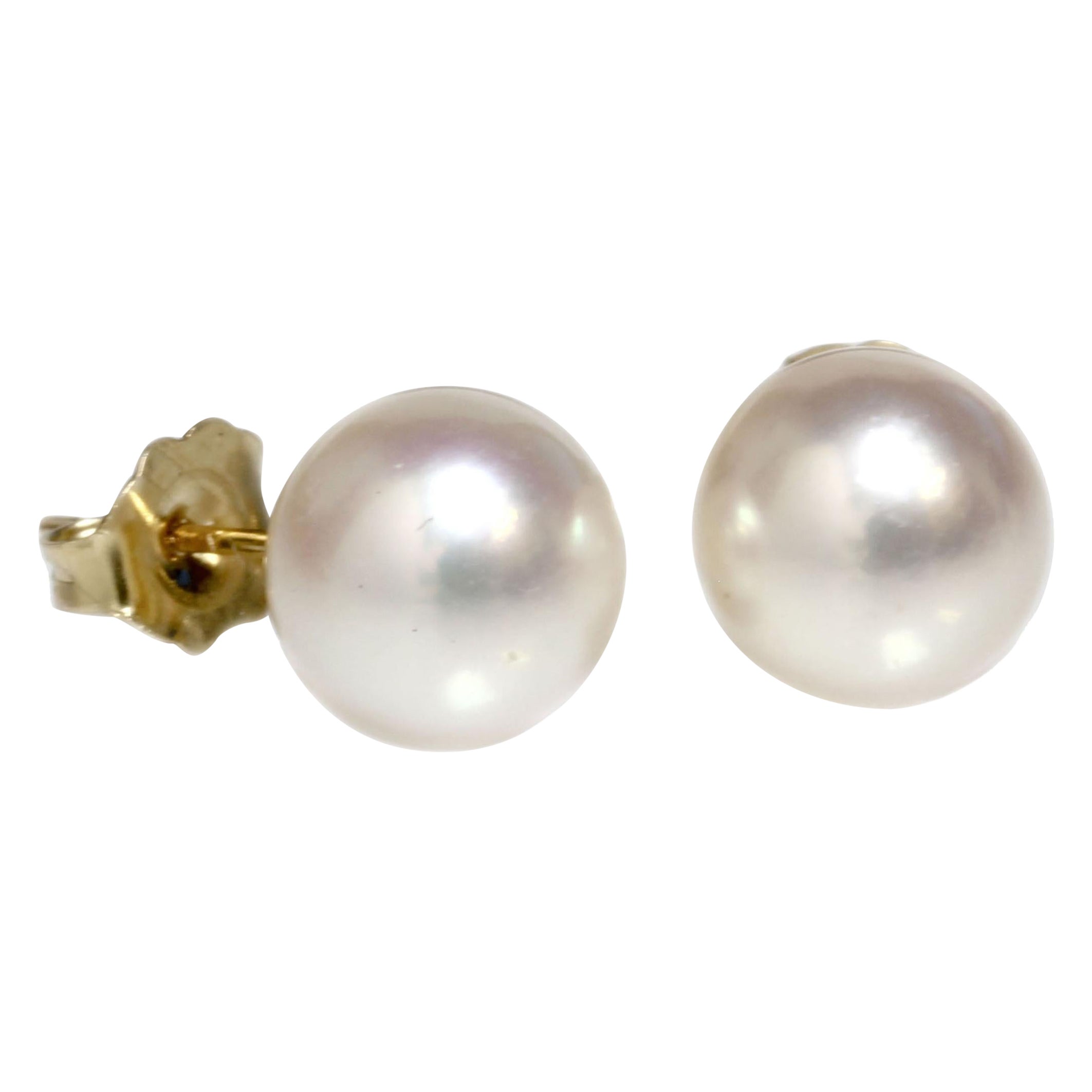 Saltwater Akoya Pearl Stud Earrings 9 - 8.5mm 14k Yellow Gold  For Sale