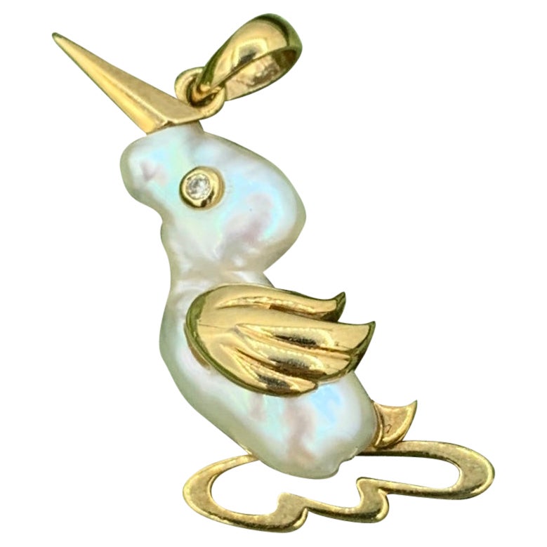 Diamond Baroque Pearl Bird Duck Pendant Charm Necklace 14 Karat Yellow Gold For Sale