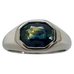 GIA Certified Unheated Bi Colour Sapphire Emerald Cut 18k White Gold Signet Ring