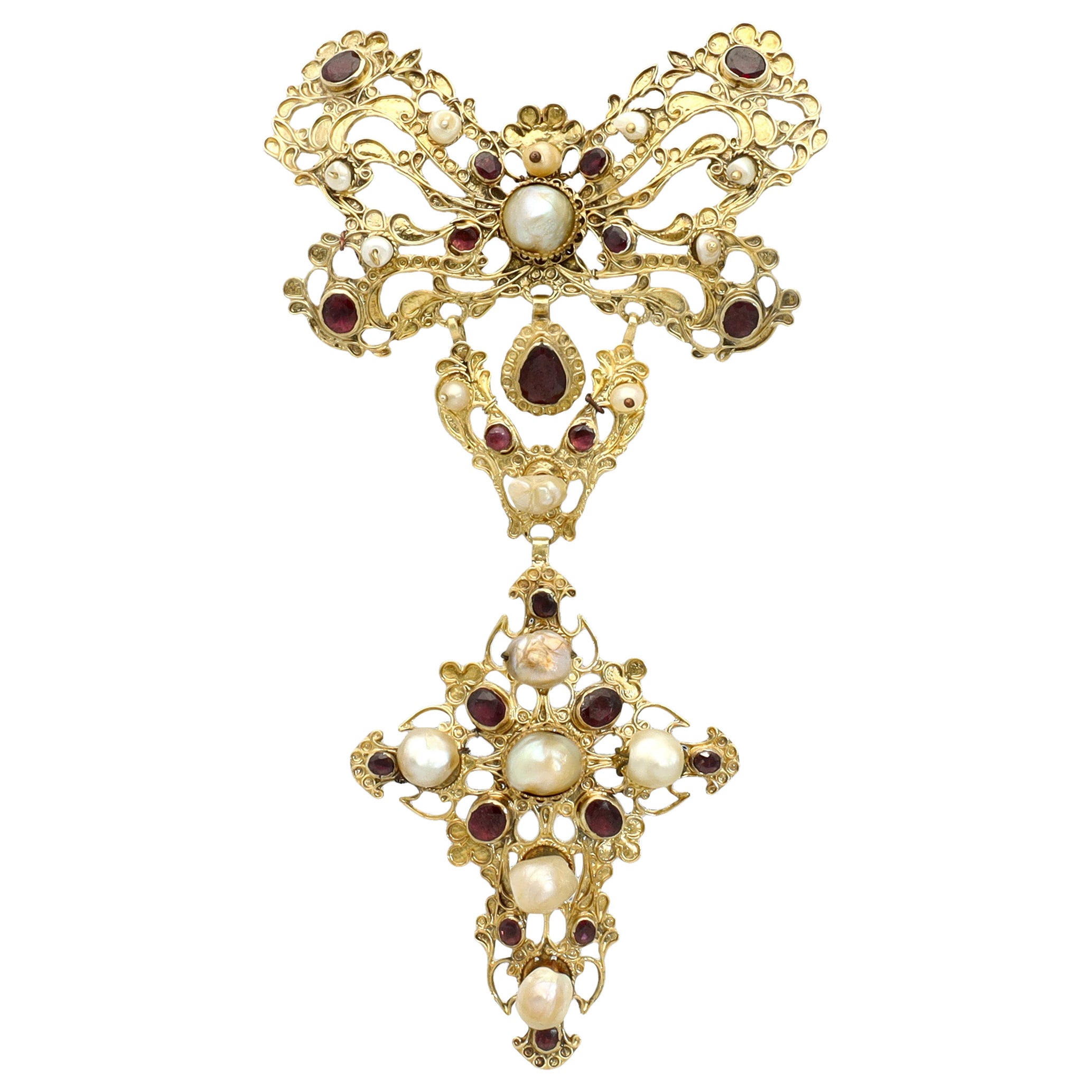 Antique Italian 18th Century Bow Perl Garnet Necklace, Georgian Era Rococo Bow For Sale