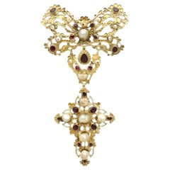 Antique Italian 18th Century Bow Perl Garnet Necklace, Georgian Era Rococo Bow