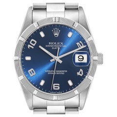 Rolex Date Blue Dial Engine Turned Bezel Steel Mens Watch 15210