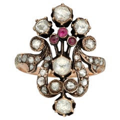 Art Nouveau Giardinetti Rose Cut Diamond Ruby Ring, Solid 9K Rose Gold Lyre Ring