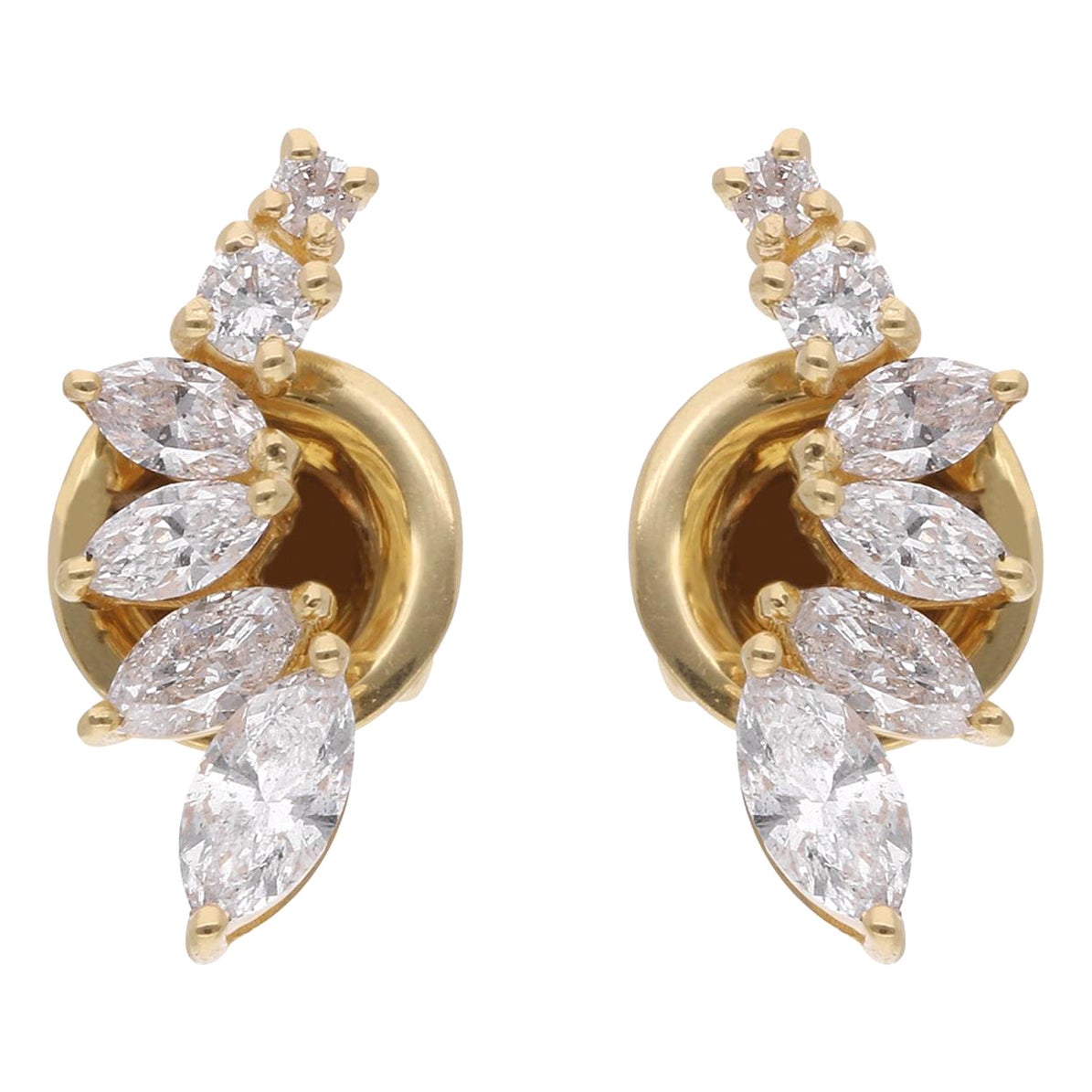 Clous d'oreilles en or jaune 14 carats avec diamants ronds et marquises, fabrication artisanale