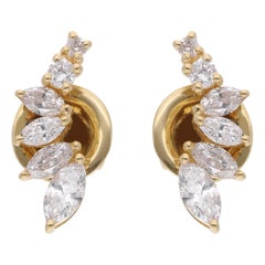 Clous d'oreilles en or jaune 14 carats avec diamants ronds et marquises, fabrication artisanale